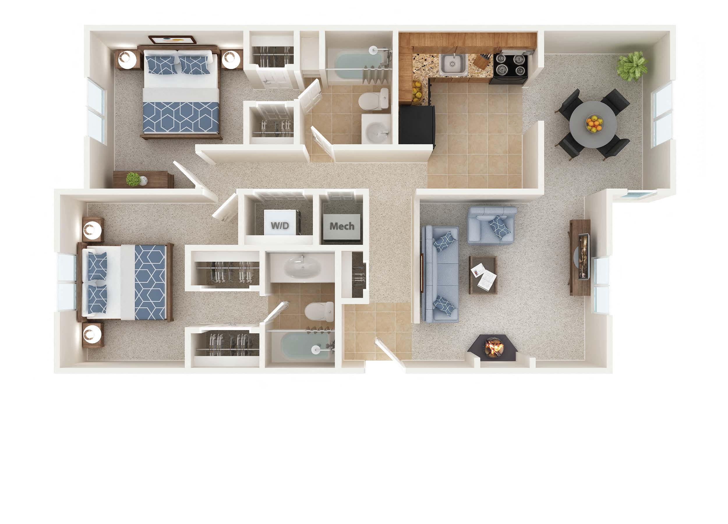 Floor plan for 2 beds, 2 baths, 1193 sqft